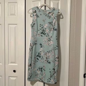 Calvin Klein dress, size 8. Light blue and floral print with a gold zipper.